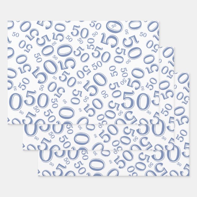 50th Birthday Blue & White Random Number Pattern W Wrapping Paper Sheet (Set)