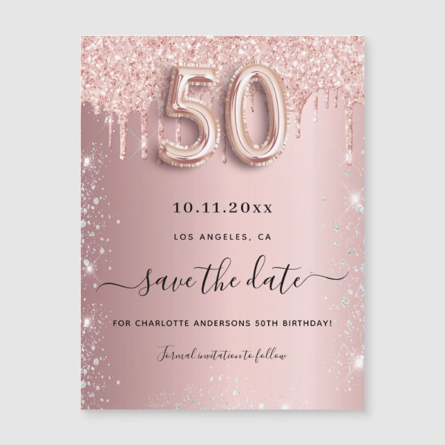 50th birthday blush glitter save the date magnet (Front)