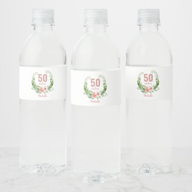 50th birthday blush pink floral  water bottle label (Bottles)