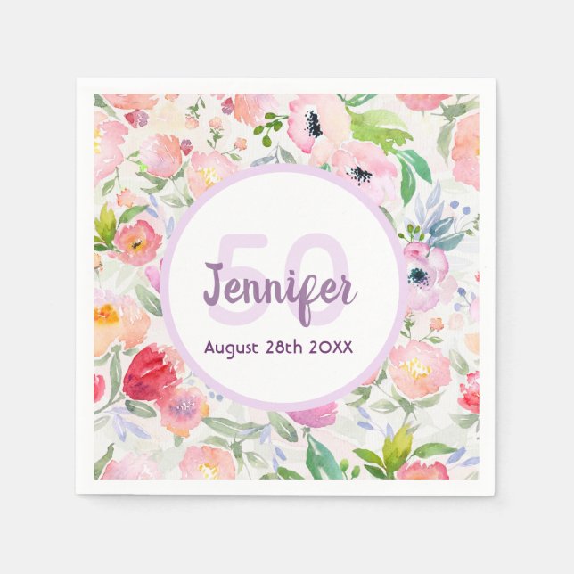 50th birthday blush pink florals name napkin (Front)