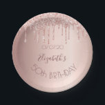 50th birthday blush rose gold drips name paper plate<br><div class="desc">A paper plate for a girly and glamourous 50th birthday party.  A rose gold background with drips,  paint drip look. The text: The name is written in dark rose gold with a large modern hand lettered style script. Template for name,  age 50 and a date.</div>