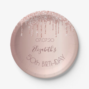 50th birthday blush rose gold drips name paper plate
