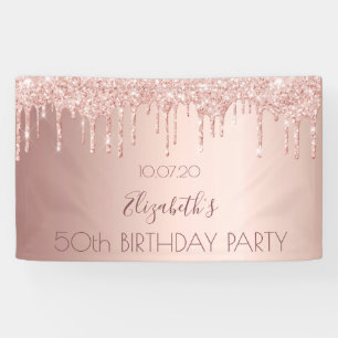 50th birthday blush rose gold glitter drips name banner