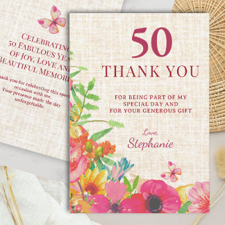 50th Birthday Bold Floral Linen Appreciation Thank You Card