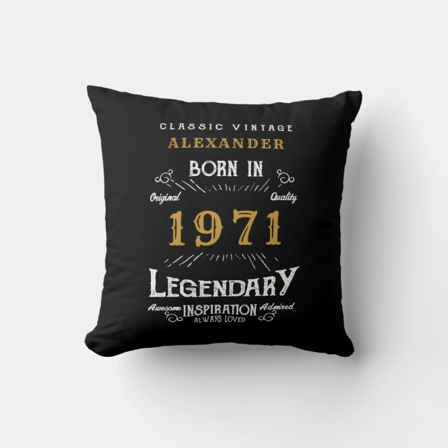 50th Birthday Born 1971 Retro Black Personalized Throw Pillow (Front)