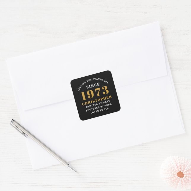 50th Birthday Born 1973 Add Name Black Gold Square Sticker (Envelope)