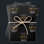50th Birthday born 1973 Add Name Black Gold Wrapping Paper Sheet<br><div class="desc">A personalized wrapping paper design for that birthday celebration for a special person. Add the name to this vintage retro style black and gold design for a custom birthday gift. Easily edit the name and year with the template provided. A wonderful custom birthday gift. More gifts and party supplies for...</div>