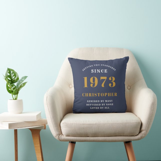50th Birthday Born 1973 Add Name Blue Throw Pillow (Chair)