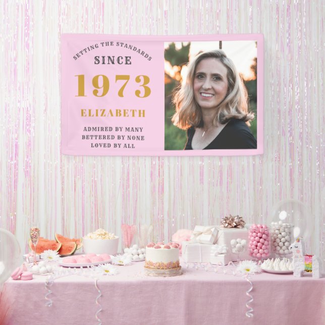 50th Birthday Born 1973 Add Name Pink Gray Photo Banner (Party)