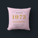 50th Birthday Born 1973 Add Name Pink Gray Throw Pillow<br><div class="desc">Personalized Birthday add your name and year throw pillow. Edit the name and year with the template provided. A wonderful custom pink birthday home decor cushion. More gifts and party supplies available with the "setting standards" design in the store.</div>