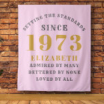 50th Birthday Born 1973 Add Name Pink Grey Large Tapestry<br><div class="desc">Celebrate the special occasion of a 50th birthday with this luxurious pink and grey wall banner, perfect for personalizing with name and year of your birth, 1973. This large tapestry is adorned with a beautiful, unique design and a stylish font for a memorable, one-of-a-kind birthday celebration. Showcase this special keepsake...</div>