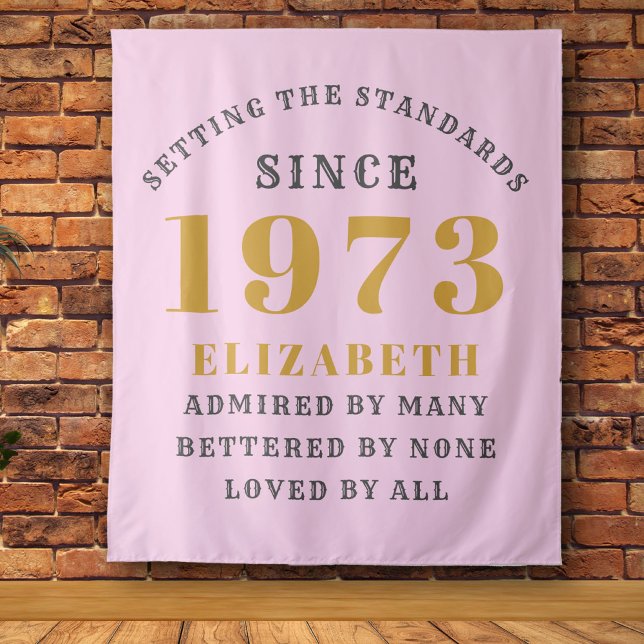 50th Birthday Born 1973 Add Name Pink Grey Large Tapestry (Creator Uploaded)