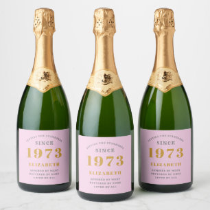 50th Birthday Born 1973 Add Name Pink Grey Sparkling Wine Label