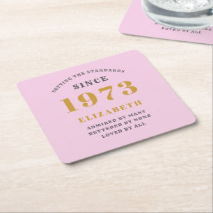 50th Birthday Born 1973 Add Name Pink Grey Square Paper Coaster