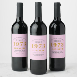 50th Birthday Born 1973 Add Name Pink Grey Wine Label