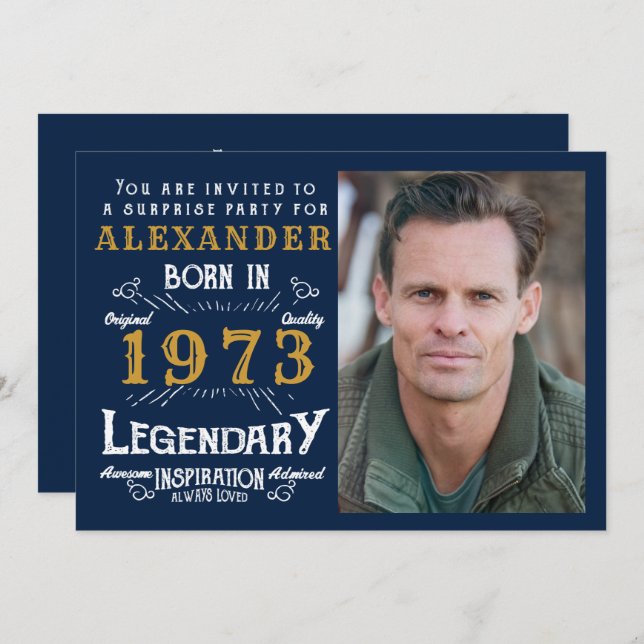 50th Birthday Born 1973 Blue Gold Retro Invitation (Front/Back)