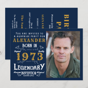 50th Birthday Born 1973 Blue Gold Retro Invitation