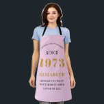 50th Birthday Born 1973 Pink Grey Lady's Apron<br><div class="desc">A personalized classic pink apron design for that birthday celebration. Add the name to this vintage retro style pink, grey and gold design for a custom birthday gift. Easily edit the name and year with the template provided. A wonderful custom birthday gift. More gifts and party supplies for that party...</div>