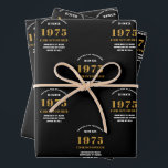 50th Birthday born 1975 Add Name Black Gold Wrapping Paper Sheet<br><div class="desc">A personalized wrapping paper design for that birthday celebration for a special person. Add the name to this vintage retro style black and gold design for a custom birthday gift. Easily edit the name and year with the template provided. A wonderful custom birthday gift. More gifts and party supplies for...</div>