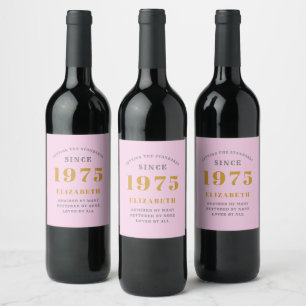 50th Birthday Born 1975 Add Name Pink Grey Wine Label