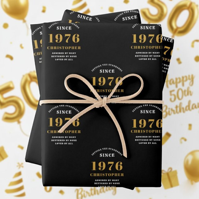 50th Birthday born 1976 Add Name Black Gold Wrapping Paper Sheet (1976 Wrapping paper. White and gold background.)