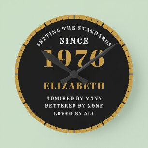 50th Birthday Born 1976 Black Gold Round Clock