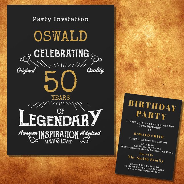 50th Birthday Born Legendary Black Gold Retro Invitation (For those celebrating their 50th birthday we have the ideal birthday party invitation)