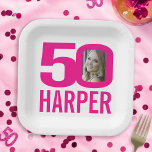 50th birthday bright pink white 50 custom photo paper plate<br><div class="desc">50th birthday pink on white, 50 custom photo and name plate. Fun 50th design, personalize this birthday party plate with a photograph of the birthday girl in the middle of the number 0. A great idea for adding some fun to a milestone fiftieth birthday party. Other matching items and colours...</div>