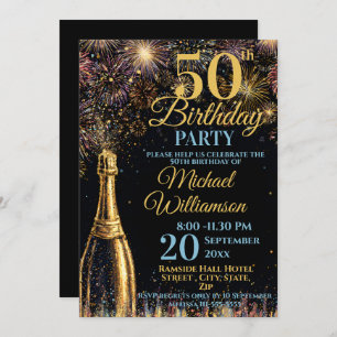 50th Birthday Bubbly Fireworks Gold Blue Invitation