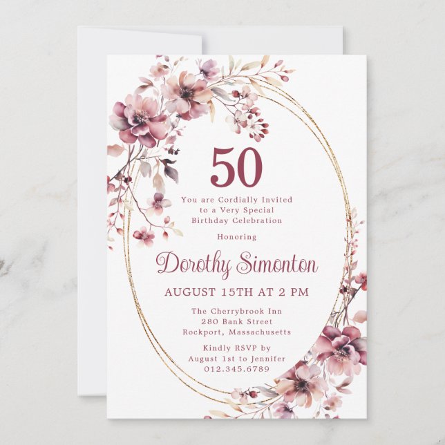 50th Birthday Burgundy Blush Pink Wildflower Invitation (Front)