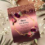 50th birthday burgundy florals glitter invitation postcard<br><div class="desc">On front: An invitation for a 50th birthday party. A burgundy coloured faux metallic looking background with a faux gold geometric frame. Decorated with dark purple and burgundy flowers, roses and boho style feathers. Faux copper glitter drip. Templates for a name and party details. The name is written with a...</div>