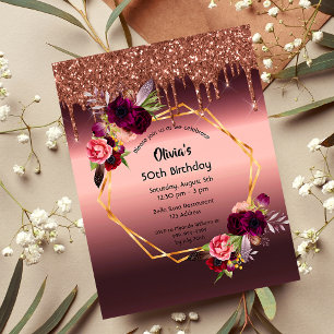 50th birthday burgundy florals glitter invitation postcard
