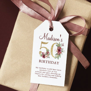 50th Birthday Burgundy Gold Floral Personalized Gift Tags