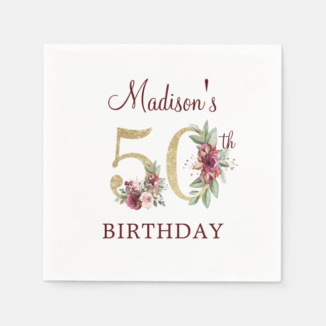 50th Birthday Burgundy Gold Personalized Napkin (Front)