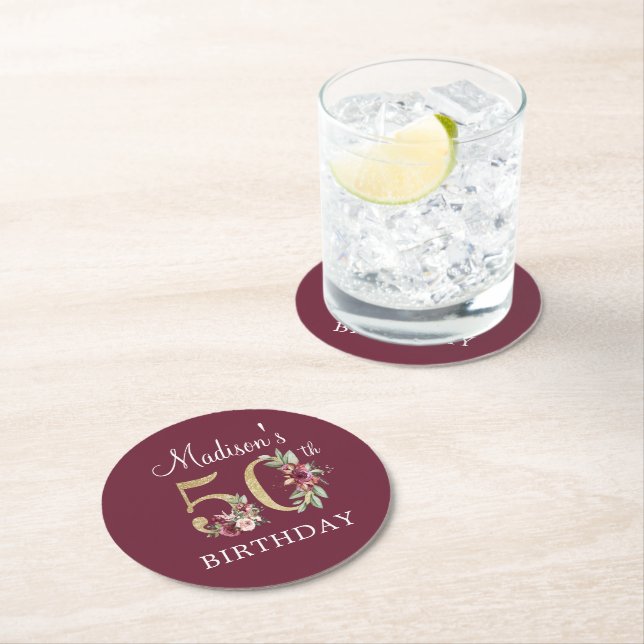 50th Birthday Burgundy Gold Personalized Round Paper Coaster (Insitu)