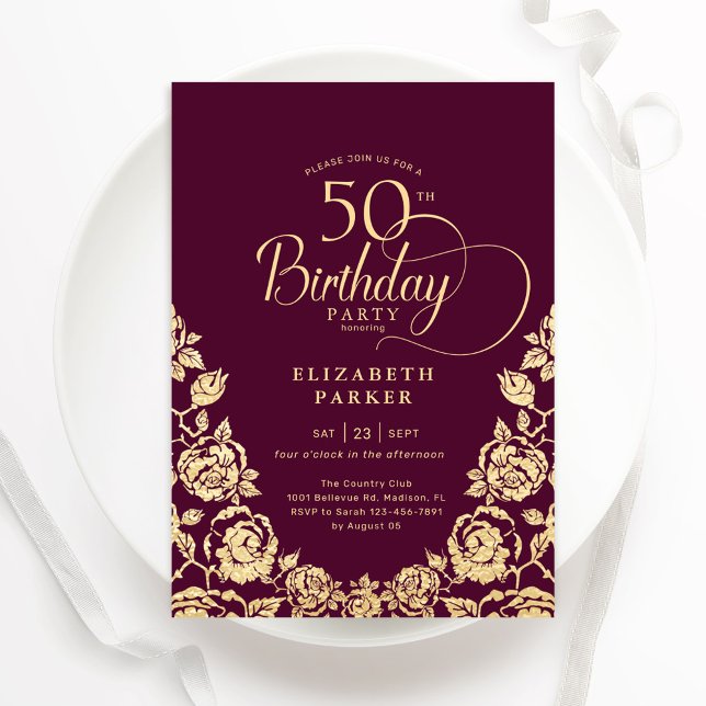 50th Birthday Burgundy Gold Roses Invitation (Creator Uploaded)