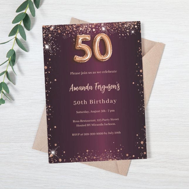 50th birthday burgundy rose gold invitation (Creator Uploaded)