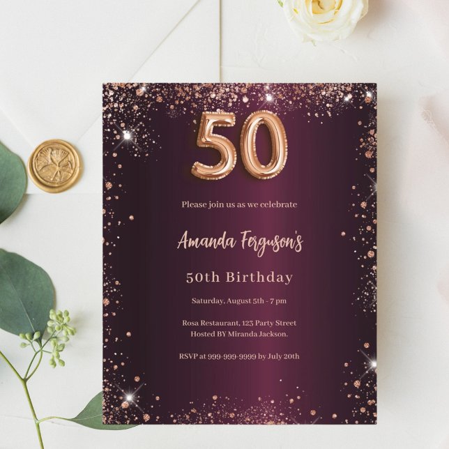 50th birthday burgundy rose gold invitation (Creator Uploaded)