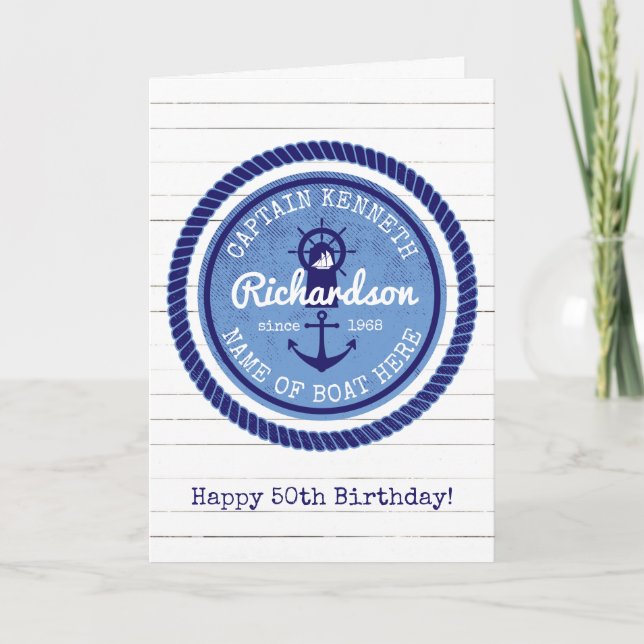 50th Birthday Captain Nautical Rope Anchor Helm Card (Front)