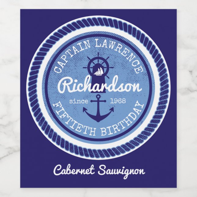 50th Birthday Captain Nautical Rope Anchor Helm Wine Label (Single Label)