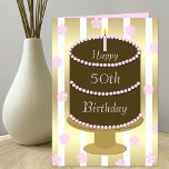 50th Birthday Card Cake in Pink<br><div class="desc">This 50th birthday card for her features a chocolate cake with pink decorations on a golden and white background with pink flowers.  This 50th birthday cake card is sure to please her when she turns that special 50.  Copyright Kathy Henis</div>