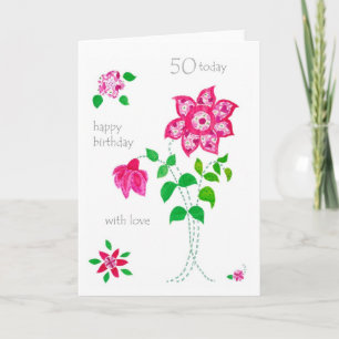 50th Birthday Card - Pink Flowers