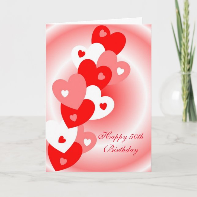 50th Birthday Card Red Hearts Design (Front)