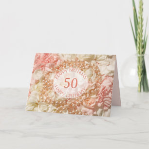 50th Birthday card with pearls and petals
