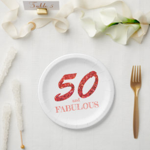 50th Birthday Celebration Coral Glitter Sparkle Paper Plate