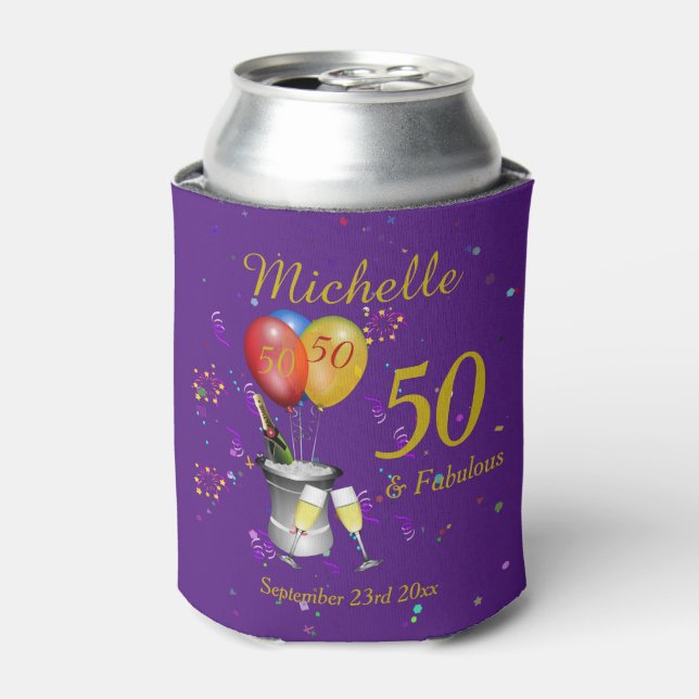 50th Birthday Celebration Purple Can Cooler (Can Front)