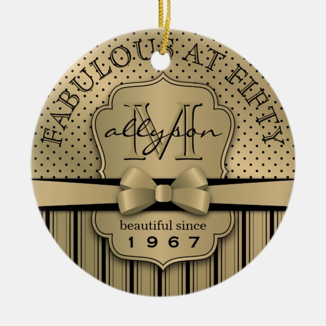 50th Birthday Champagne Gold Polka Dot Stripes Bow Ceramic Ornament (Front)