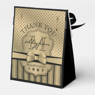 50th Birthday Champagne Gold Polka Dot Stripes Bow Favor Box