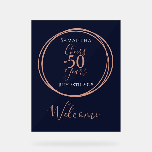 50th Birthday Cheers 50 Years Party Navy Rose Gold Acrylic Sign (Front)