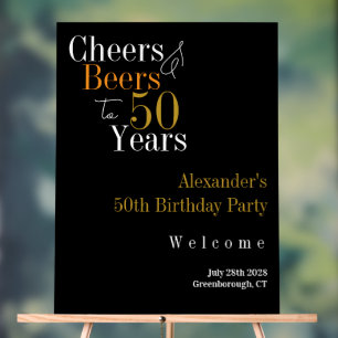 50th Birthday Cheers and Beers Black Gold Party Acrylic Sign